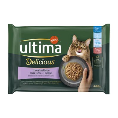ultíma Fit & Delicious Esterilizado, 48x85g, sélection avec poulet, dinde, bœuf, agneau, en sauce. Sans colorants ni conservateurs ajoutés. Contrôle du poids, facile à digérer.