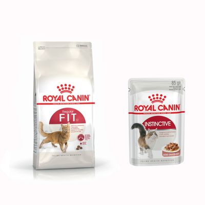 Royal Canin Feline Preference Savour Exigent oraz Royal Canin Instinctive 85 g. Opakowania karmy dla kotów, widoczne logo i znak procentowy oznaczający promocję.