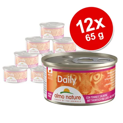 Lot de 12 boîtes Almo Nature Daily mousse pour chat adulte, 65 g chacune, saveur thon et saumon, sans céréales. Texte visible : Adult Cat Mousse, Grain Free, avec thon et saumon. Lot de 12 boîtes Almo Nature Daily mousse pour chat adulte, 65 g chacune, saveur thon et saumon, sans céréales. Texte visible : Adult Cat Mousse, Grain Free, avec thon et saumon.