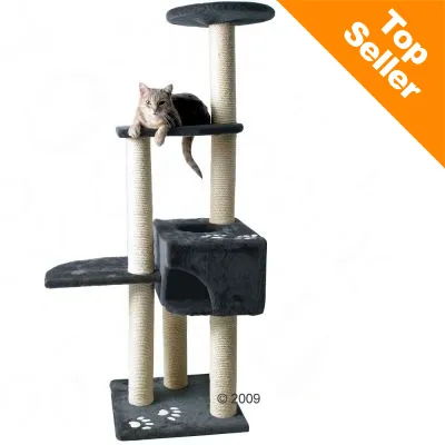 Klatrestativ til kat med flere niveauer, sisalstolper og hule. Kat ligger øverst. Synlig tekst: Top Seller i orange hjørne.