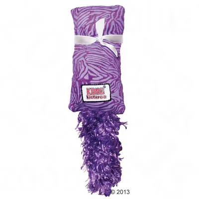 KONG Kickeroo cat toy in purple with zebra pattern, white bow and fluffy tail. Brand logo visible.