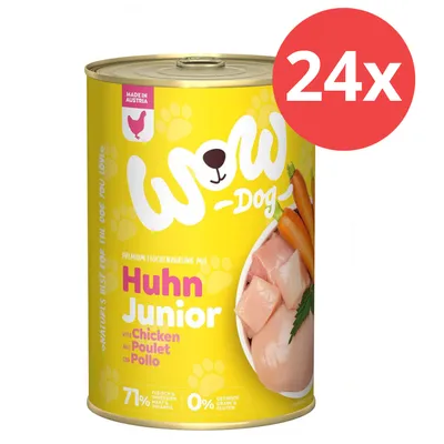 WOW Dog Huhn Junior, Premium-Feuchtnahrung mit 71% Fleisch und Innereien, 0% Getreide und Gluten, Made in Austria, 24x Dosen.