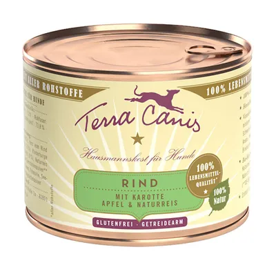 Terra Canis Hausmannskost per cani, manzo con carota, mela e riso naturale. Senza glutine, povero di cereali, qualità alimentare 100%, 100% naturale.