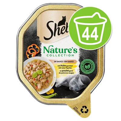 Sheba Nature's Collection, in sauce, s kuracím mäsom a červenou paprikou, balenie 44 ks, obrázok mačky a recyklačný symbol na obale.