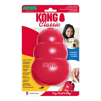 Brinquedo KONG vermelho com três níveis arredondados e abertura, adequado para enchimento com snacks. Marca 'KONG' visível na superfície.
