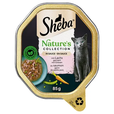 Sheba Nature's Collection w sosie, z łososiem i groszkiem, 85g. Opakowanie przedstawia szarego kota oraz składniki: marchew i strąk groszku.