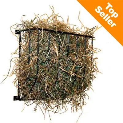 Høhæk i sort metal fyldt med hø. Synlig orange hjørne med teksten Top Seller. Høhæk i sort metal fyldt med hø. Synlig orange hjørne med teksten Top Seller.