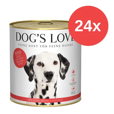 Dog's Love Feine Kost für Hunde, Sorte Rind mit Apfel, Spinat & Zucchini. 55% Rind, getreidefreie Rezeptur, Made in Austria. Packung enthält 24 Dosen.