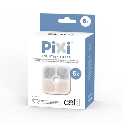 Pixi drinking fountain filter by Catit, pack of 6 filters. Suitable for Pixi PRO drinking fountain. Multilingual description on packaging.