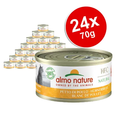 Pack of 24 tins, each 70g, Almo Nature HFC Natural pet food with chicken breast. Label shows 100% profits to nature.