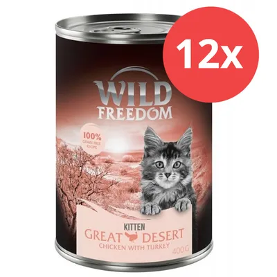 Wild Freedom Kitten Great Desert, Huhn mit Truthahn, 400g, 100% getreidefreie Rezeptur. Packung zeigt eine Katze und Wüstenlandschaft. Rotes Symbol: 12x.