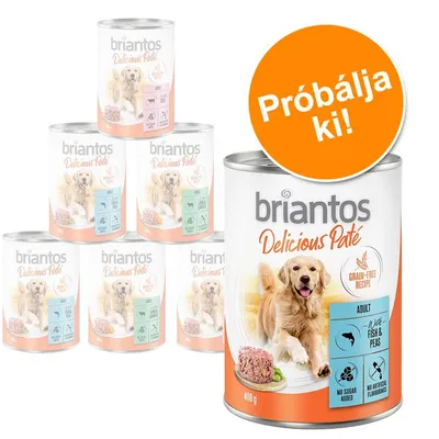 briantos Delicious Paté kutyakonzerv, 400 g, Adult, Fish & Peas, Grain-Free Recipe, Próbálja ki! felirat, hozzáadott cukor és mesterséges aroma nélkül