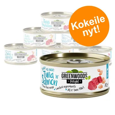 Greenwoods Delight -kissanruokapurkkeja, etualalla Tuna 'n' Salmon 70 g. Teksti: Kokeile nyt! Pakkausmerkinnät: grain-free recipe, limited ingredients, 70 % tuna fillet.