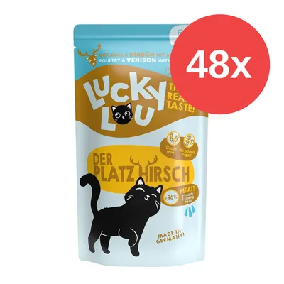 Lucky Lou Katzenfutter, Geflügel & Hirsch, Der Platzhirsch, Made in Germany, 96% Fleischanteil, ohne Getreide, ohne Zuckerzusatz. Packung mit 48 Stück.