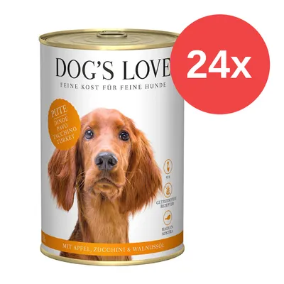 Dog's Love Feine Kost für Hunde, Sorte Pute mit Apfel, Zucchini & Walnussöl. Getreidefreie Rezeptur, 55% Fleischanteil, Made in Austria. Packung enthält 24 Dosen.