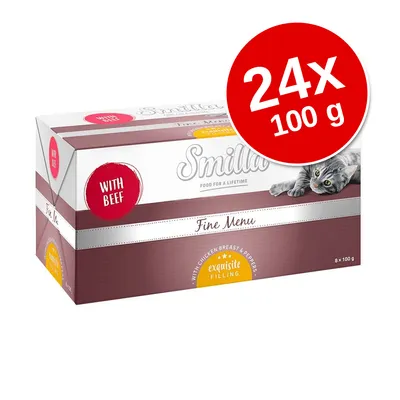 Smilla Fine Menu macskaeledel, with beef, 24×100 g csomagolás látható. A dobozon egy szürke macska képe is szerepel.