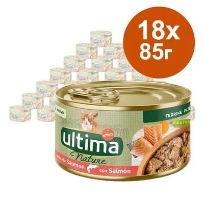 18 консерви по 85 г Ultima Nature с сьомга за котки, изображение на консерва с парчета сьомга и зеленчуци, видима марка affinity.