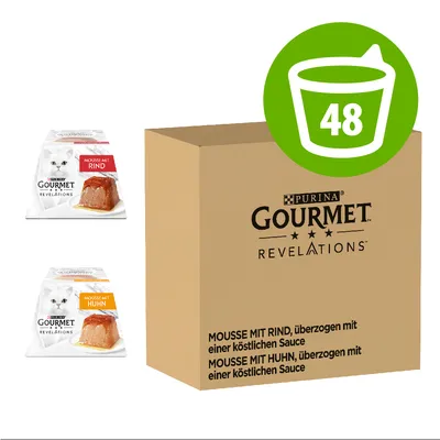 Caixa Purina Gourmet Revelations, 48 unidades. Pacotes visíveis: mousse mit Rind e mousse mit Huhn. Texto em alemão na caixa sobre sabores de vaca e frango com molho.