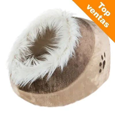 Cueva para mascotas de felpa marrón con borde blanco y huella decorativa. Esquina superior derecha: texto 'Top ventas' en fondo naranja.