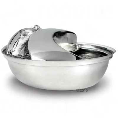 Drinking fountain made of stainless steel with flowing water, modern design for pets.