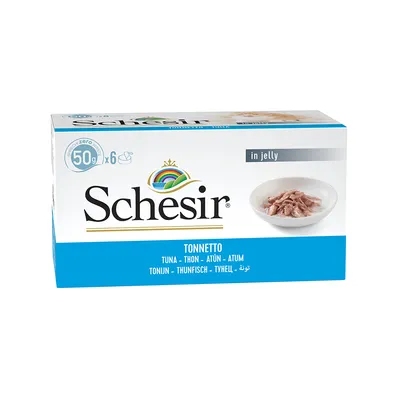 Schesir Tonnetto, thon en gelée, lot de 6 x 50 g. Texte visible : in jelly, TUNA - THON - ATÚN - ATUM, TONIJN - THUNFISCH - TYHELL. Photo d’un bol avec morceaux de thon. Schesir Tonnetto, thon en gelée, lot de 6 x 50 g. Texte visible : in jelly, TUNA - THON - ATÚN - ATUM, TONIJN - THUNFISCH - TYHELL. Photo d’un bol avec morceaux de thon.