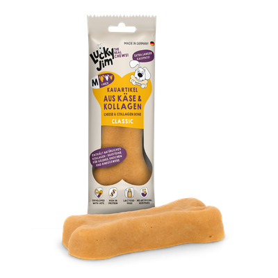 Lucky Jim tyggeben Classic med ost og kollagen, indeholder naturlige kollagenbyggesten, laktosefri, uden kunstige tilsætningsstoffer, højt proteinindhold, Made in Germany.