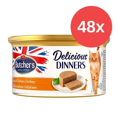 Butcher's Delicious Dinners mit Huhn und Truthahn, 48x Dose, britische Flagge, Abbildung einer Katze und serviertes Nassfutter. Butcher's Delicious Dinners mit Huhn und Truthahn, 48x Dose, britische Flagge, Abbildung einer Katze und serviertes Nassfutter.