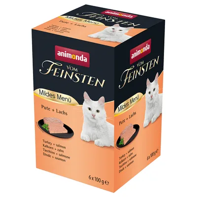 animonda vom Feinsten Mildes Menü Pute + Lachs, dinde + saumon, 6 x 100 g, image de pâtée pour chat avec photo de chat blanc et tranche de pâtée sur assiette noire.