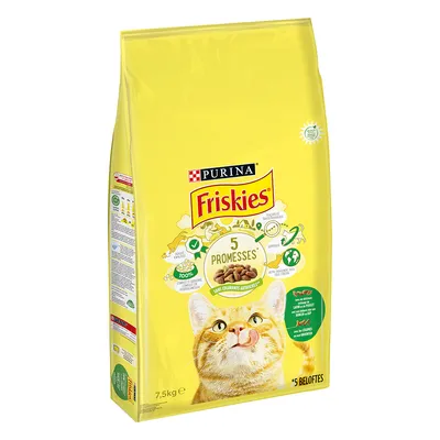 Purina Friskies Trockenfutter für Katzen, 7,5kg. Versprechen: ohne künstliche Farbstoffe, 100% ausgewogene Ernährung, Qualität geprüft. Gelbe Verpackung mit Katze und Produktabbildung.