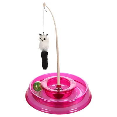 Katzenspielzeug mit pinker Basis, integriertem Ball im Kreis und hängendem Plüschspielzeug an einer Stange.