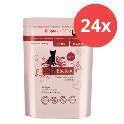 catz finefood Kitten Classic N°3 ave, BIGpack 300g, hecho en Alemania, sin cereales, sin pruebas en animales, 95% carne, 24x paquete.