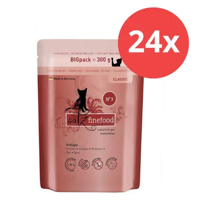 Catz Finefood Classic Nr. 3 volaille, Bigpack 300g, 24x. Fabriqué en Allemagne, sans sucre ajouté, sans cruauté animale, 95% de viande, sans céréales.