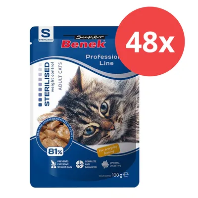 Super Benek Professional Line Sterilised Adult Cats, Gewichtskontrolle, 81% Fleisch- und tierische Derivate, 100 g, 48x Packung. Super Benek Professional Line Sterilised Adult Cats, Gewichtskontrolle, 81% Fleisch- und tierische Derivate, 100 g, 48x Packung.