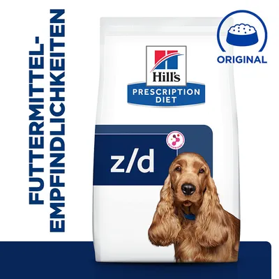 Sac Hill's Prescription Diet z/d pour chien, texte allemand « FUTTERMITTEL-EMPFINDLICHKEITEN », mention « ORIGINAL », photo d’un chien en bas du paquet.