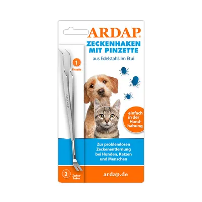 ARDAP Zeckenhaken mit Pinzette, aus Edelstahl, im Etui. Zur problemlosen Zeckenentfernung bei Hunden, Katzen und Menschen. ardap.de. Einfach in der Handhabung. Text in German.