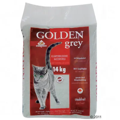 Golden Grey kissanhiekka, paakkuuntuva, 14 kg. Pakkauksessa harmaa kissa ja tekstit: mit Babypuderduft, 380 % Saugfähigkeit, staubfrei, pet-earth GmbH.