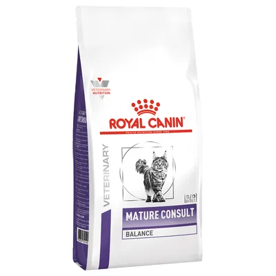 Royal Canin Veterinary Mature Consult Balance, slika mačke na bijeloj vrećici s ljubičastim i crvenim detaljima, vidljiv tekst: VETERINARY NUTRITION, S/O INDEX.