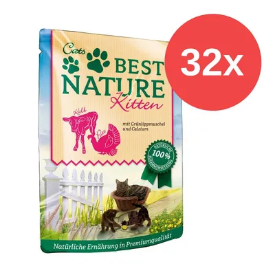 Best Nature Kitten, alimentation naturelle de qualité premium, avec veau, saumon, moule verte et calcium. Composition 100% naturelle. Paquet de 32 pièces.