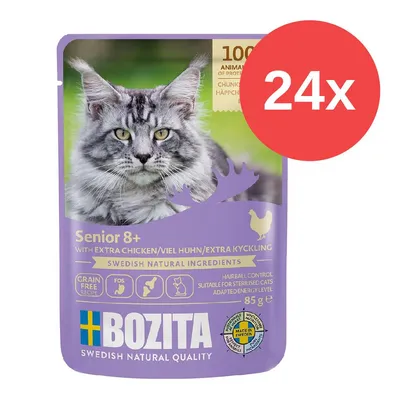 Bozita Senior 8+ Katzenfutter, 85g Beutel, mit viel Huhn, Getreidefrei, geeignet für sterilisierte Katzen, Made in Sweden. Packung enthält 24 Stück. Bozita Senior 8+ Katzenfutter, 85g Beutel, mit viel Huhn, Getreidefrei, geeignet für sterilisierte Katzen, Made in Sweden. Packung enthält 24 Stück.