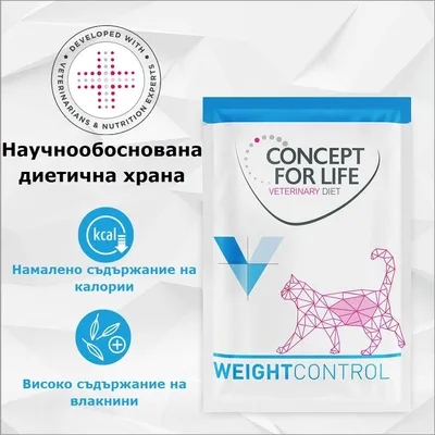 Concept for Life Veterinary Diet Weight Control. Научно обоснована диетична храна, с намалено съдържание на калории, с високо съдържание на фибри. Разработена с експерти.