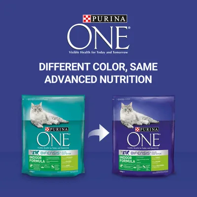 PURINA ONE Visible Health for Today and Tomorrow. DIFFERENT COLOR, SAME ADVANCED NUTRITION. Two PURINA ONE Indoor Formula cat food packs shown with different colours.