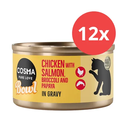 Cosma Bowl Pure Love. Chicken with Salmon, Broccoli and Papaya in Gravy. Grain-free Rezept. 12x Dose.