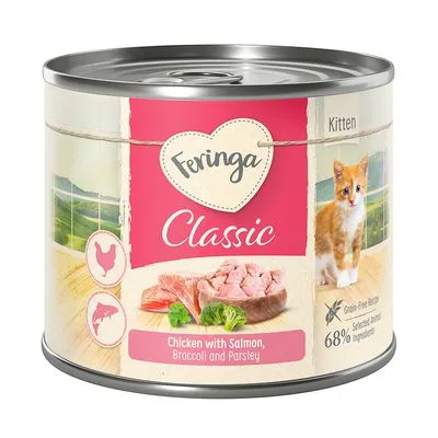 Boîte Feringa Classic pour chaton, texte visible : Chicken with Salmon, Broccoli and Parsley, 68 % Selected Animal Ingredients, image de chaton et morceaux de viande.