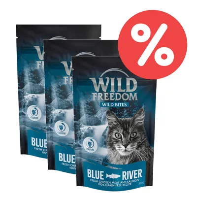 Wild Freedom Wild Bites Blue River, frisches Hühnerfleisch und Lachs, 100% getreidefreie Rezeptur, mit Taurin. Prozent-Symbol für Rabattaktion sichtbar.