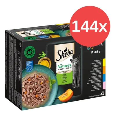 Sheba Nature's Collection, Feine Vielfalt in Sauce, Mix Selection, 12 x 85 g. Mit Kürbis, Erbsen und MSC-Siegel. Verpackung aus recycelbarem Papier.