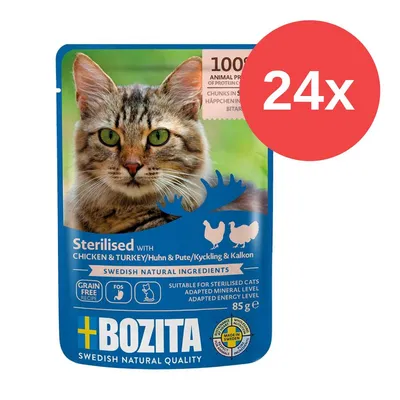 Bozita Sterilised mit Huhn & Pute, 85g, geeignet für sterilisierte Katzen, Getreidefrei, Made in Sweden, 24x Packung. Bozita Sterilised mit Huhn & Pute, 85g, geeignet für sterilisierte Katzen, Getreidefrei, Made in Sweden, 24x Packung.