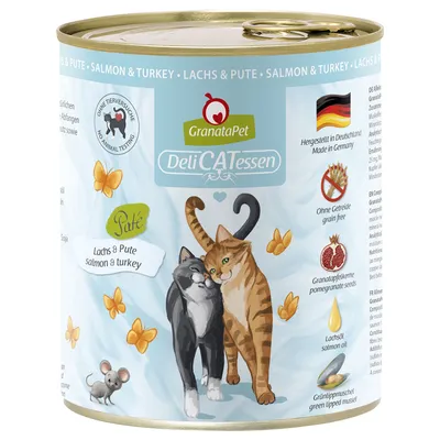 GranataPet DeliCATessen pâté saumon & dinde. Sans tests sur les animaux, fabriqué en Allemagne, sans céréales, avec graines de grenade, huile de saumon et moule verte.