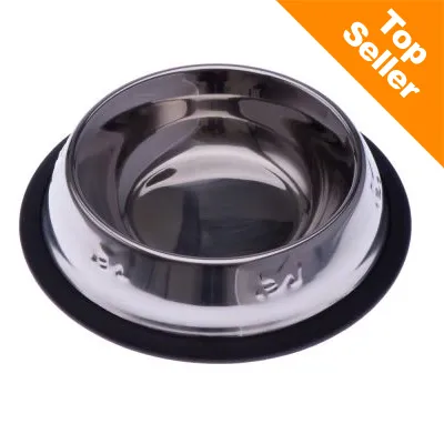 Ruostumattomasta teräksestä valmistettu lemmikin ruokakuppi, musta liukueste pohjassa. Kuvassa oranssi kulma, jossa teksti Top Seller.