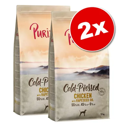 Lot de 2 sacs Purizon Cold-Pressed Chicken with Rapeseed Oil, 12 kg chacun. Texte visible : 55 % viande, 45 % autres ingrédients, 0 % céréales. Illustration de chien sur l’emballage.