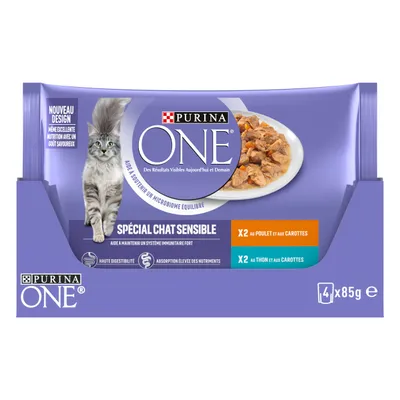 Purina ONE Spécial Chat Sensible macskaeledel csomag, 4×85 g, 2× au poulet et aux carottes, 2× au thon et aux carottes, lila doboz francia feliratokkal, tál étellel és macskakép